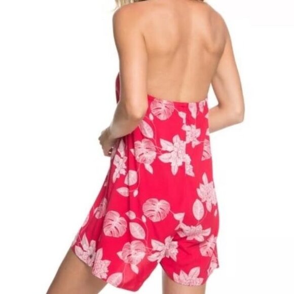 Roxy Coral White Floral Print  Red Yellow Sunday Halter Neck Wide Leg Romper XL - Picture 2 of 15
